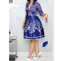 Deep V-neck Blue Printed Half Sleeve Pleated A-line Women Casual Dress